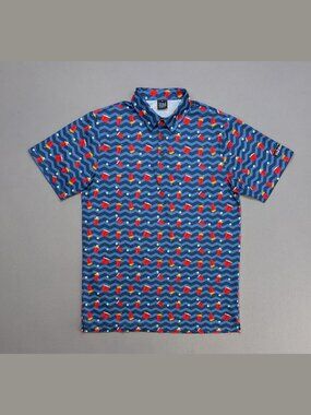 Golf Gods Beer Pong Polo Blue Red Cup Print Size L